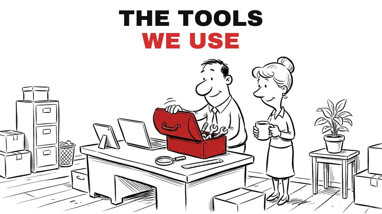 Cartoon: the mentor opens a red toolbox on a desk with a laptop, a tablet, a magnifying glass and a ruler, titled The Tools We Use. Cartoon: the mentor opens a red toolbox on a desk with a laptop, a tablet, a magnifying glass and a ruler, titled The Tools We Use.
