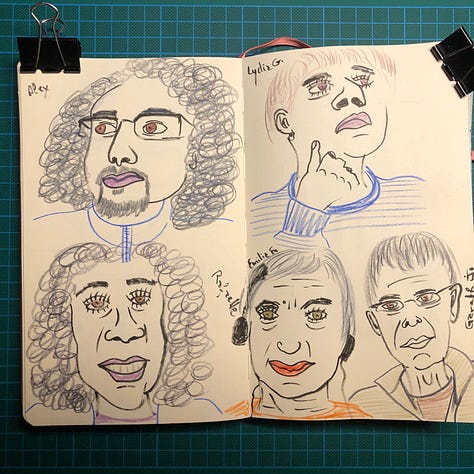 Photos des 3 doubles-pages de mon sketchbook où j’ai dessiné les 13 portraits de la session.
