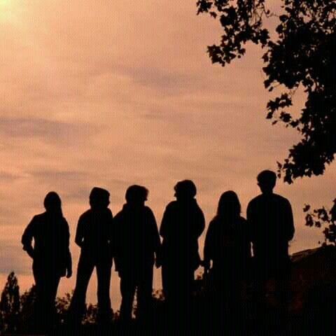 This may contain: a group of people standing next to each other in front of a tree at sunset