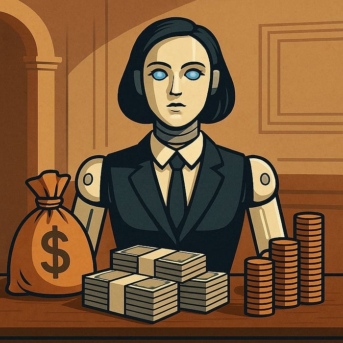 IMAGE: A humanoid robot in a suit sits at a desk in a government office, surrounded by stacks of money, coins, and a bag marked with a dollar sign, symbolizing artificial intelligence overseeing public finances