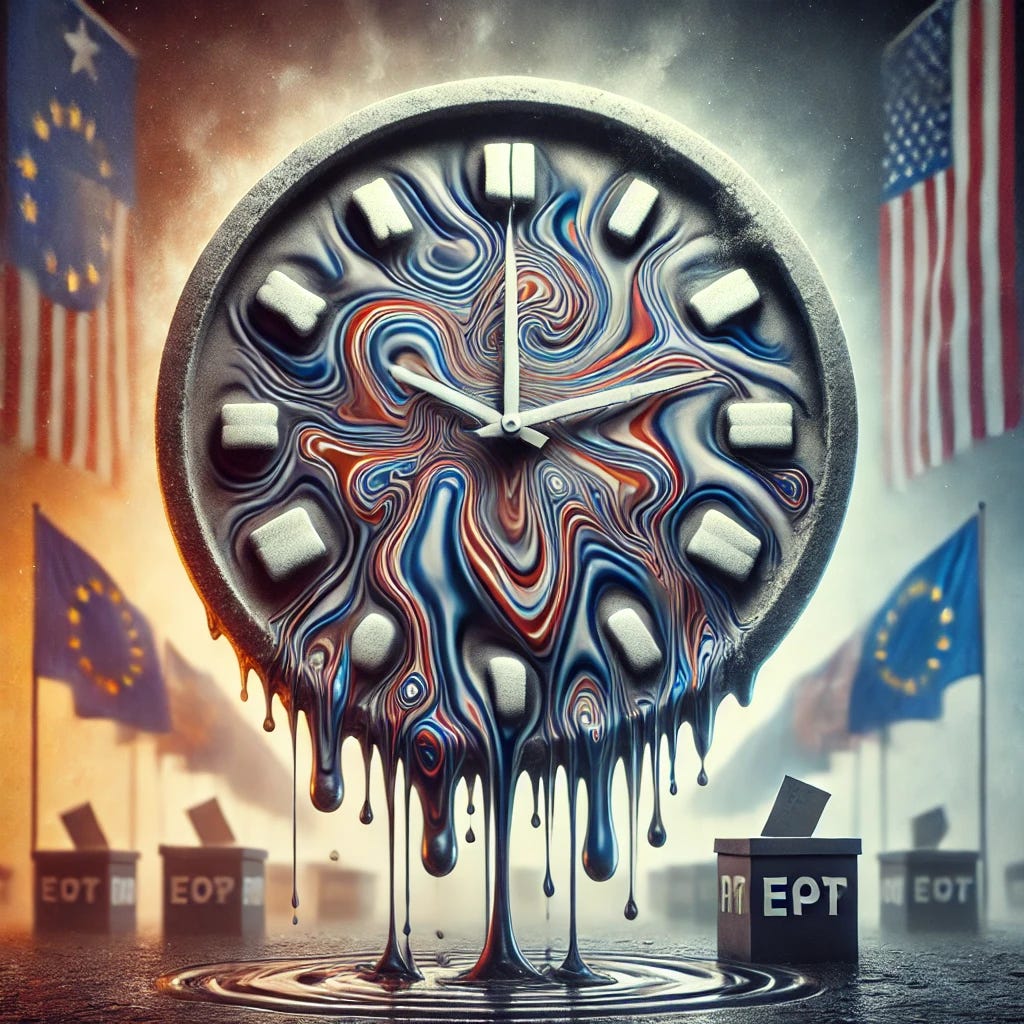 A symbolic clock face that appears distorted, melting and warping as if under heat, with a surreal backdrop of subtle, out-of-focus political symbols such as flags and ballot boxes. The atmosphere is tense and hazy, creating a sense of time passing unevenly with looming, urgent stakes subtly hinted at in the background.