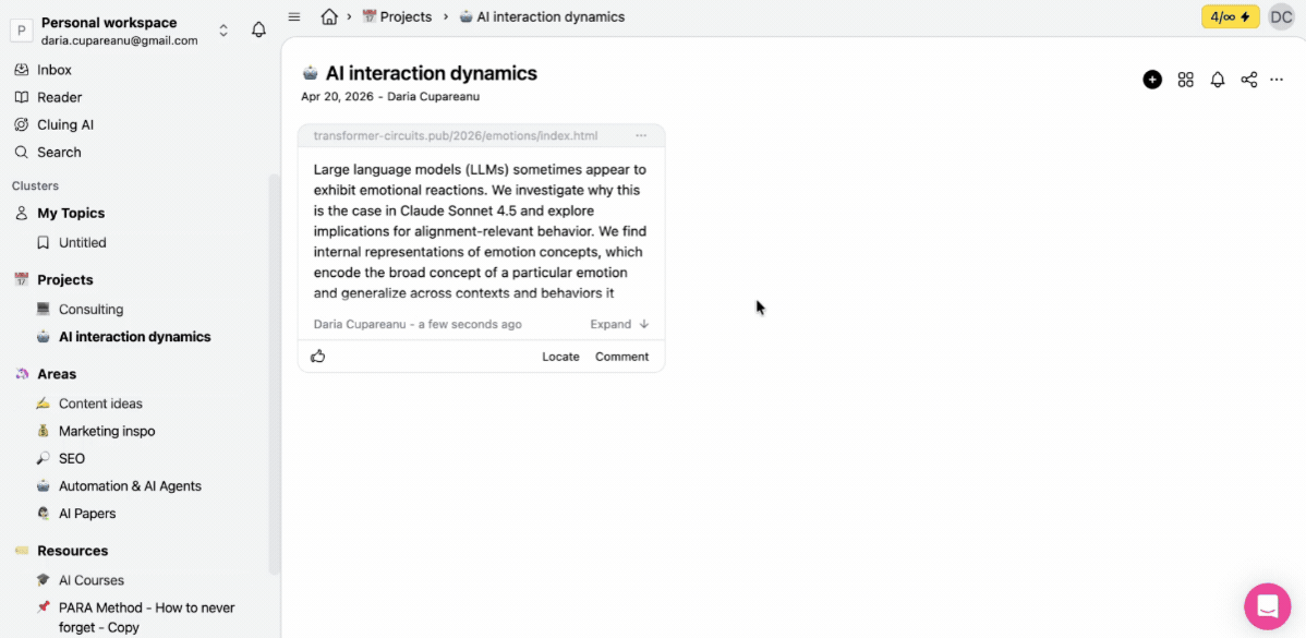 GIF showing how a PDF is uploaded into Cluing reader and text is highlighted and saved as snippets into a research project for organizing insights