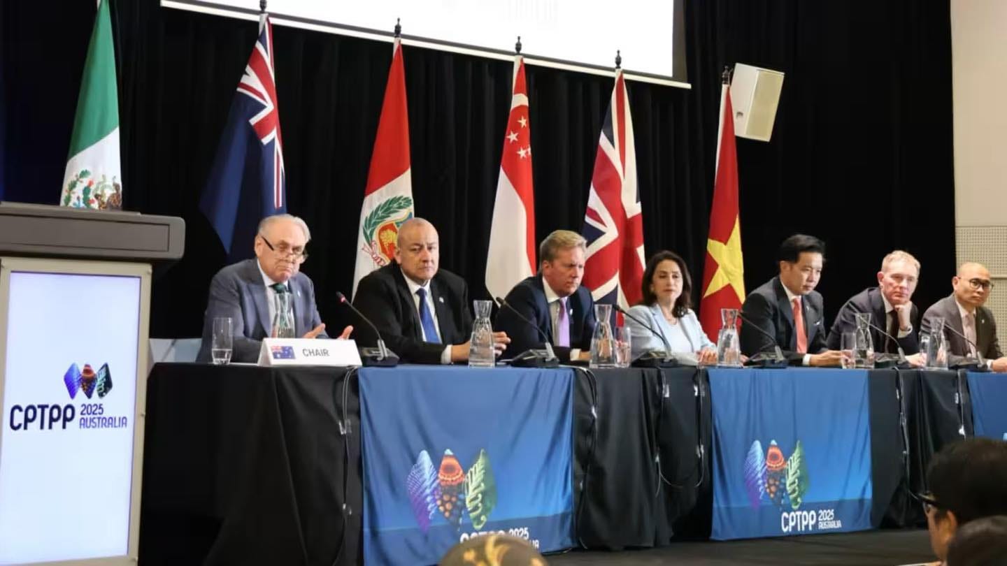 May be an image of dais and text that says '姜 CHAIR cPTPP CPTA 2025 AUSTRALIA - 0025 CPTPP CPTP 2025 สน'