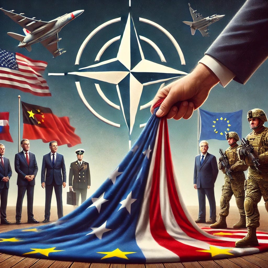 A conceptual image illustrating the United States withdrawing from NATO. The scene shows the US flag pulling away from a NATO emblem, symbolizing a potential departure. European leaders appear concerned, while military assets are being redirected towards Asia, with a subtle representation of China in the background. The mood should be serious, reflecting the geopolitical shift and strategic reorientation.