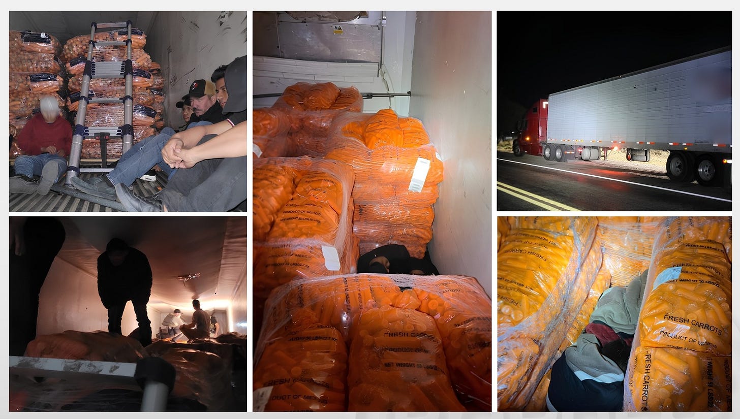 The additional Arizona State Troopers will help US Border Patrol Agents catch illegal aliens like this group of 11 found this month, concealed among pallets of carrots being hauled by a semi-truck driver near Nogales. (US Border Patrol photos) The additional Arizona State Troopers will help US Border Patrol Agents catch illegal aliens like this group of 11 found this month, concealed among pallets of carrots being hauled by a semi-truck driver near Nogales. (US Border Patrol photos)