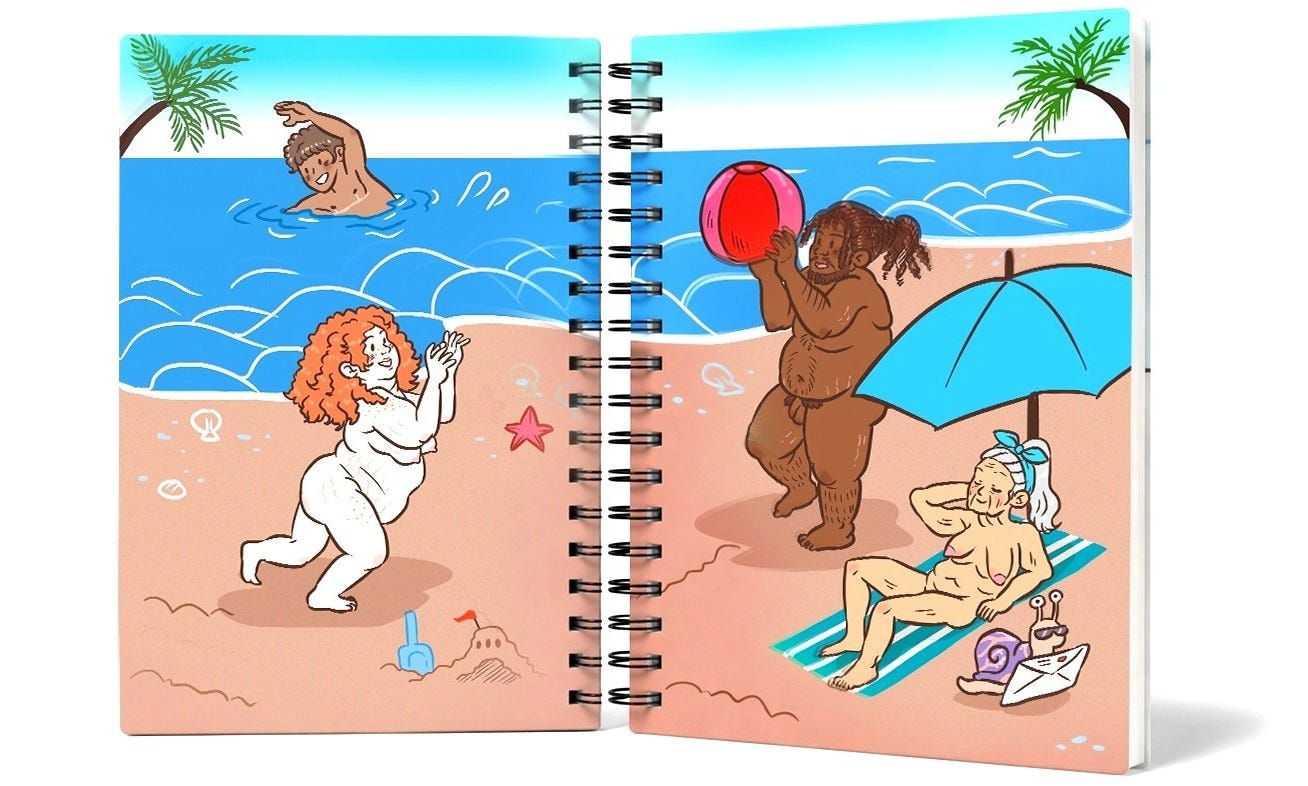An open spiral-bound Sticker Book showing illustrated beach scenes with diverse nude figures swimming, playing in the water, sunbathing, and enjoying a beach day. The book is displayed with a 3D perspective showing its spiral binding and full-color pages. An open spiral-bound Sticker Book showing illustrated beach scenes with diverse nude figures swimming, playing in the water, sunbathing, and enjoying a beach day. The book is displayed with a 3D perspective showing its spiral binding and full-color pages.