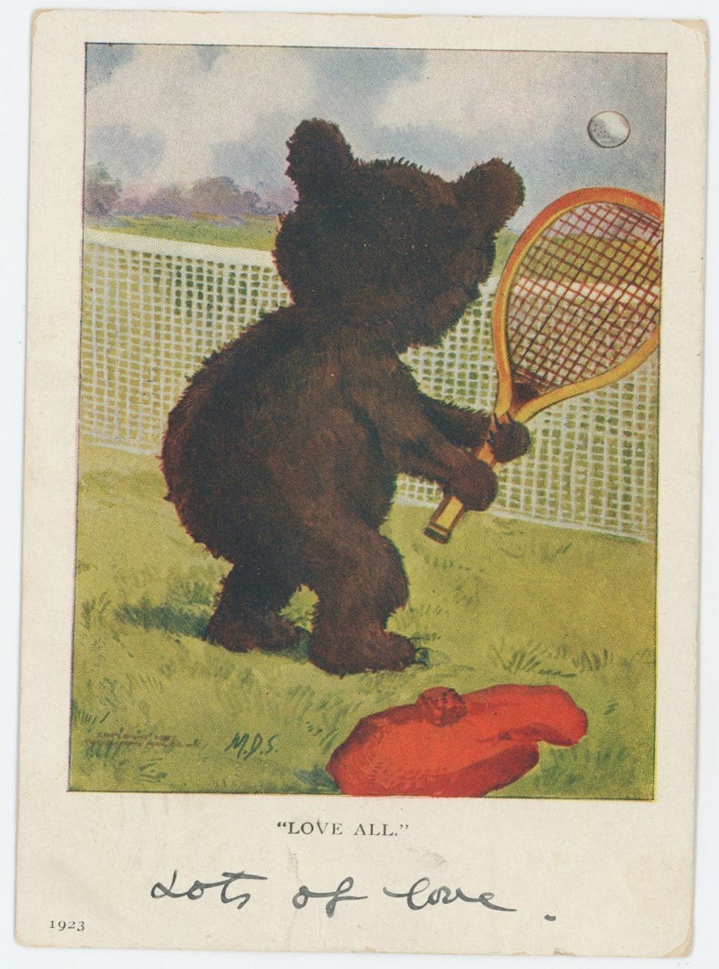 A bear holding a tennis racket

Description automatically generated