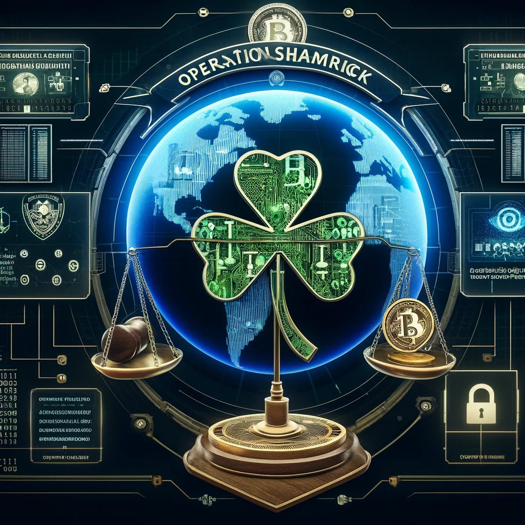 A detailed graphic representing Operation Shamrock, focused on combating cryptocurrency scams. The graphic should feature a digital world map highlighting key global regions affected by these scams. Include symbolic elements like a shamrock intertwined with digital circuits, symbolizing the operation's name and focus. The backdrop should feature binary code and cybersecurity icons like shields and locks, conveying the tech-centric nature of the operation. Add a visual of a balance scale, representing the fight against crime, with one side holding a cryptocurrency coin and the other a gavel, symbolizing justice. A detailed graphic representing Operation Shamrock, focused on combating cryptocurrency scams. The graphic should feature a digital world map highlighting key global regions affected by these scams. Include symbolic elements like a shamrock intertwined with digital circuits, symbolizing the operation's name and focus. The backdrop should feature binary code and cybersecurity icons like shields and locks, conveying the tech-centric nature of the operation. Add a visual of a balance scale, representing the fight against crime, with one side holding a cryptocurrency coin and the other a gavel, symbolizing justice.