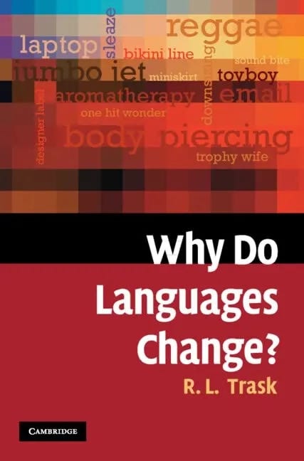 Book cover for "Why Do Languages Change?" by R. L. Trask, published by Cambridge. The cover features a pixelated heat map background with overlaid words in various colors including "laptop," "reggae," "jumbo jet," "bikini line," "miniskirt," "toyboy," "aromatherapy," "body piercing," and "trophy wife," illustrating examples of recent language change. The title appears in large white text across the center, with the author's name in gold below.
