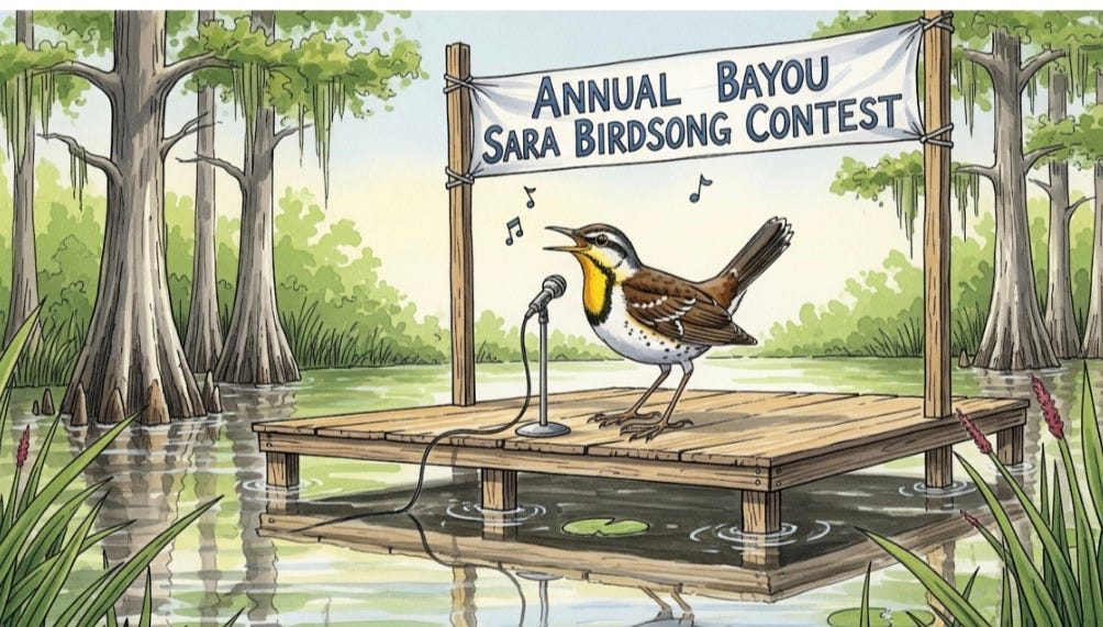 Cartoon image of a Louisiana WaterThrush on a stage in a competition for singing the best song.