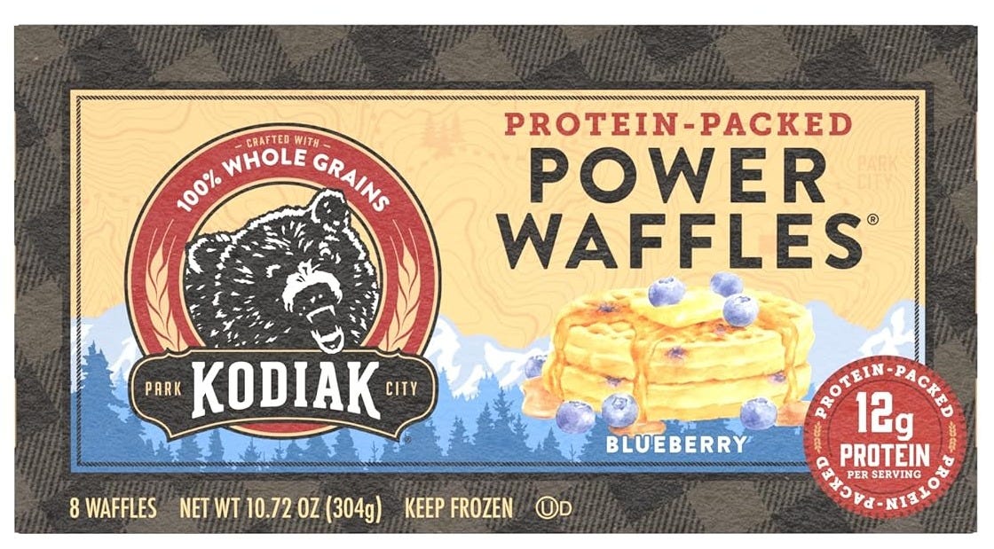 a box of Kodiak Cakes Power Waffles Blueberry on white background a box of Kodiak Cakes Power Waffles Blueberry on white background