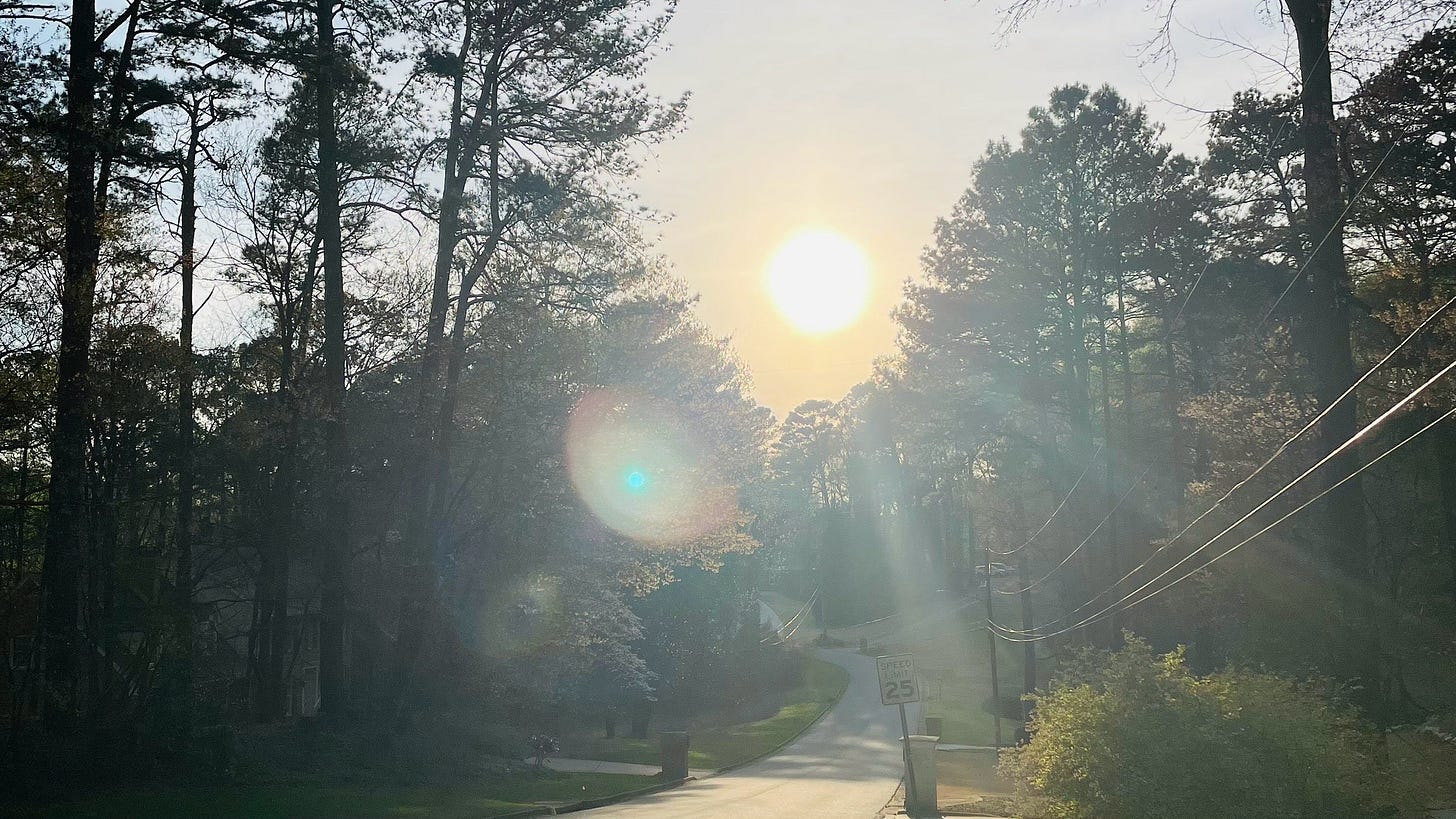 a photo of a sunset, taken from the top of a hill. the sun leaves a lens flare. descending the hill there is a road, which is bordered by green grass and trees. 
