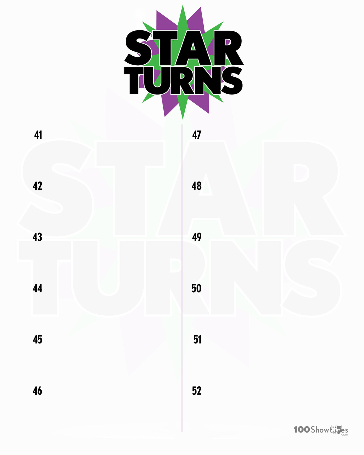 A list numbered 41-52 with blank spaces next to the numbers. the Star Turns logo is on the top.
