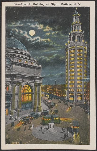 a postcard featuring a drawing of Buffalo New York at night wiht electric lights in the buildings