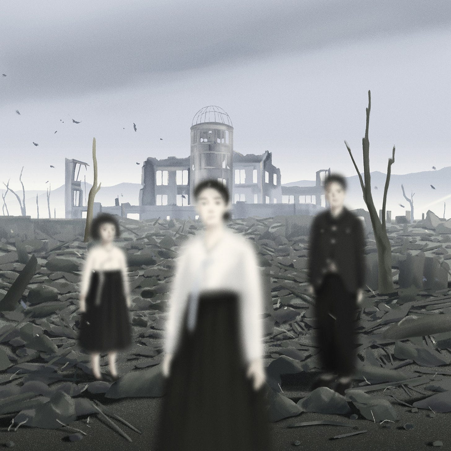 Illustration of figures wearing traditional Korean clothing standing int eh ruins of a town.