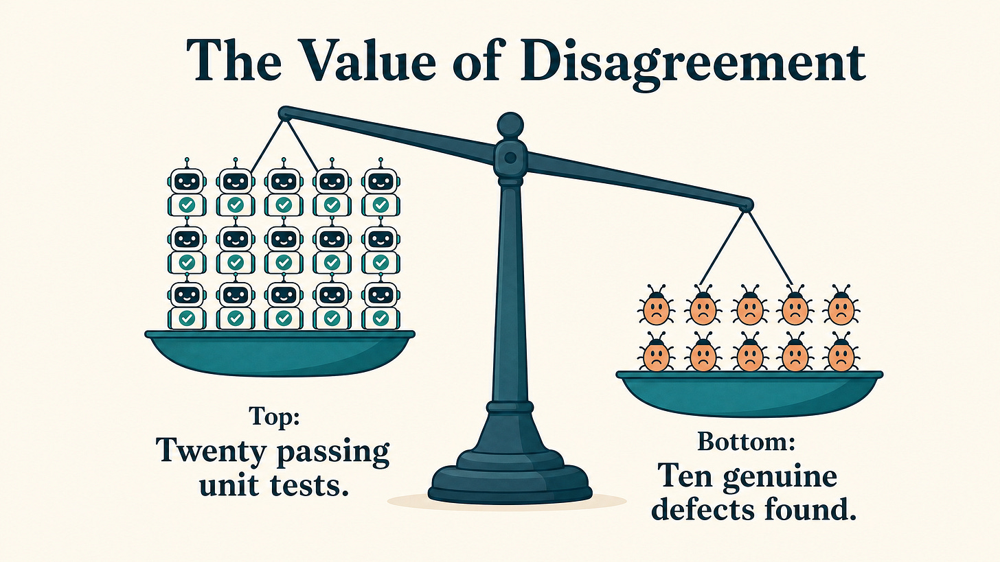 A balance scale showing twenty passing tests and ten real bugs found A balance scale showing twenty passing tests and ten real bugs found
