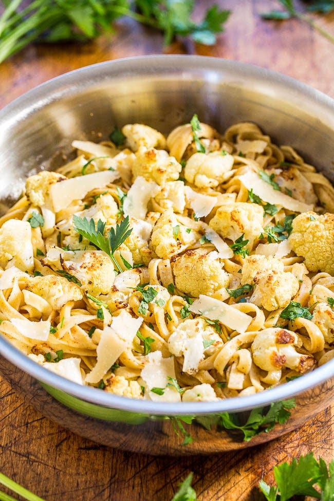 Browned Butter Cauliflower and Fettuccine with Parmesan - The roasted cauliflower is so good tossed with buttery noodles and cheese! Browned butter makes everything taste absolutely AMAZING!! Easy and ready in 30 minutes!