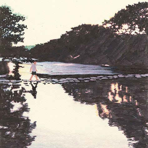A collage of seven soft, dreamlike paintings by Lee Kyutae depicting quiet streets, blue skies, a reflective pond, a long bookshop, a circular street mirror, a riverside path, and a busy city scene, all rendered in pale greens, blues, and whites.