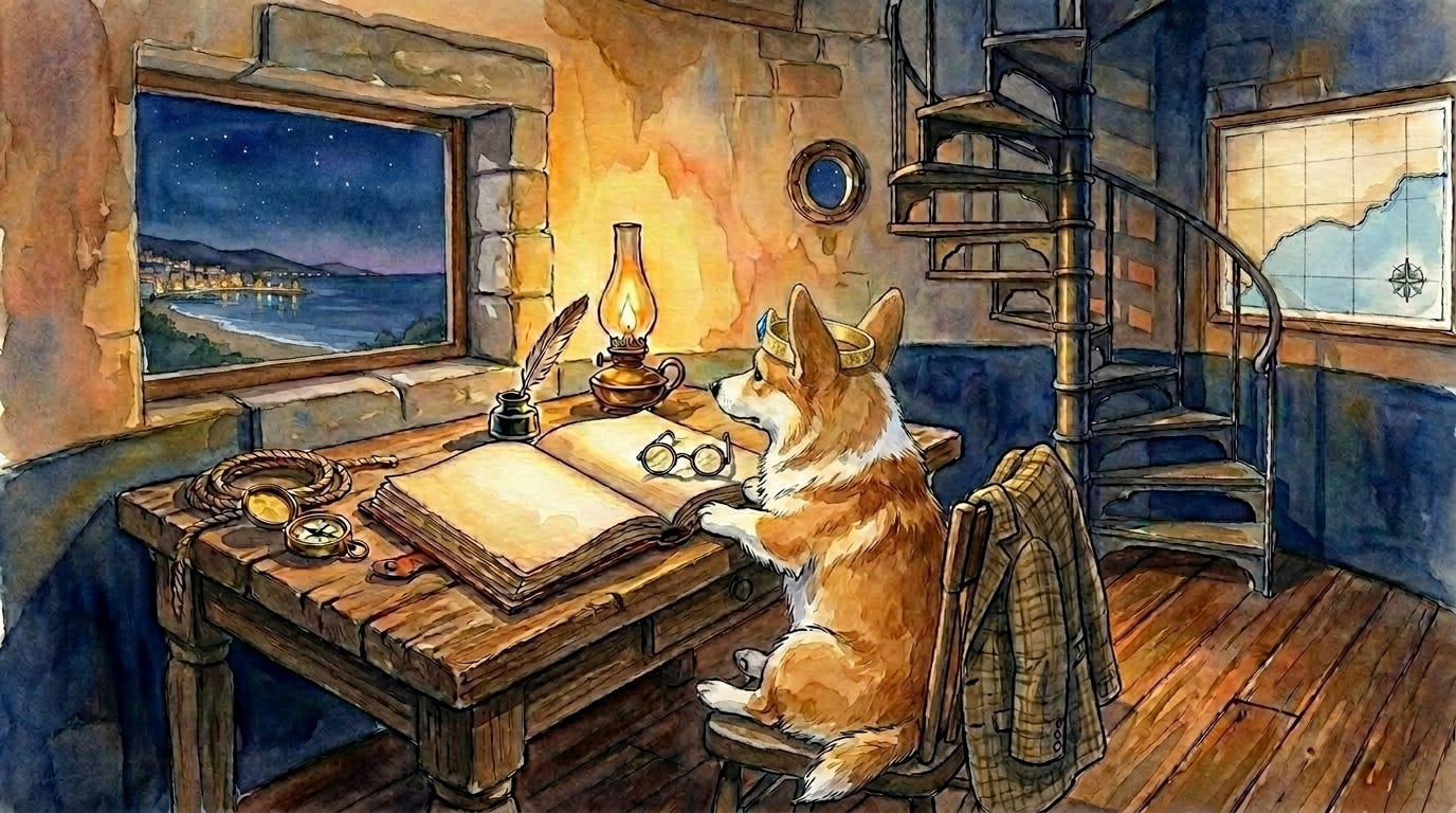 A weathered notebook rests on a stone ledge inside the Spanish-coast lighthouse — Prince Freddie bedtime story scene.