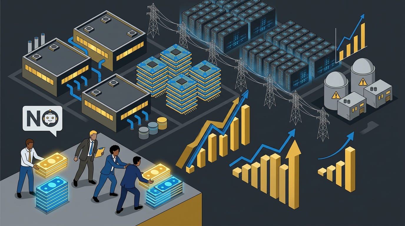 Flat isometric illustration of a massive AI infrastructure landscape with semiconductor factories, HBM memory stacks, GPU server racks, power lines, nuclear reactors and data centers connected together, investors in suits standing in the foreground moving money toward the infrastructure rather than an AI model icon, upward financial charts rising from the physical infrastructure, dark charcoal background, clean vector art style, bold gold, blue and white accents, modern finance technology editorial aesthetic Flat isometric illustration of a massive AI infrastructure landscape with semiconductor factories, HBM memory stacks, GPU server racks, power lines, nuclear reactors and data centers connected together, investors in suits standing in the foreground moving money toward the infrastructure rather than an AI model icon, upward financial charts rising from the physical infrastructure, dark charcoal background, clean vector art style, bold gold, blue and white accents, modern finance technology editorial aesthetic