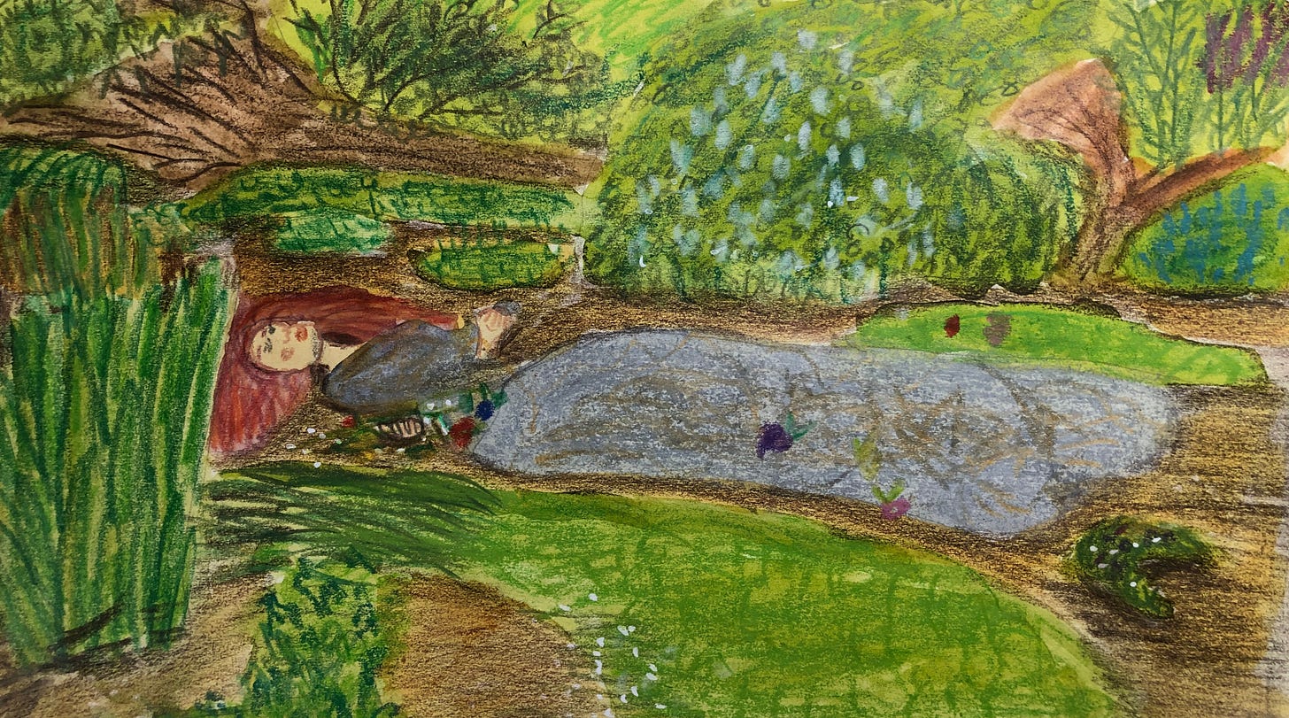 Photo de mon étude d'Ophélie de Millet, réalisé à l'aquarelle, Neocolor II, Woody 3-en-1 et crayons de couleurs
