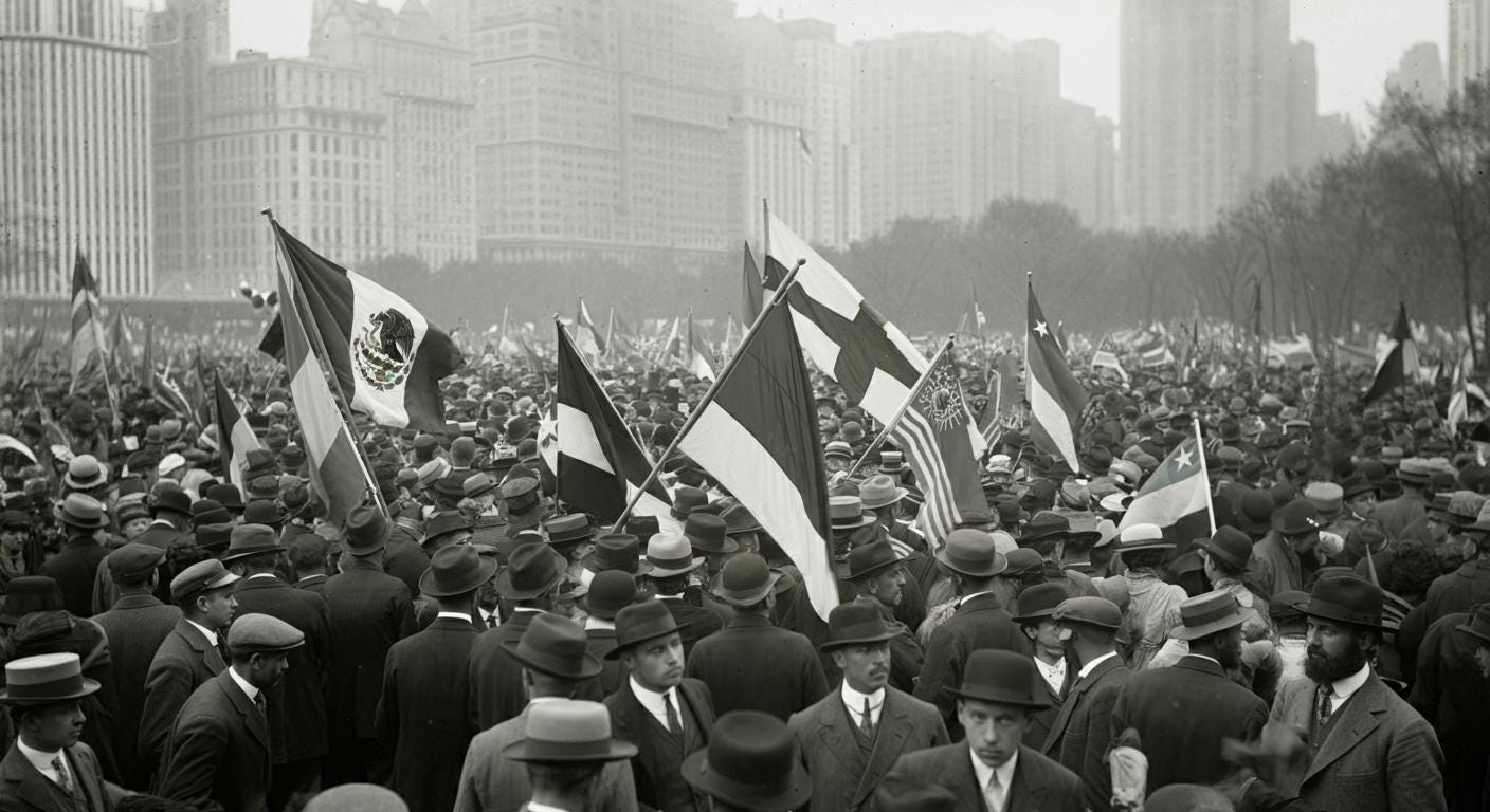 Historical black and white photograph from the early 20th century showing a massive crowd gathered in Grand Park, Chicago. Men wearing dark suits and hats fill the frame, while various flags, including the Mexican flag and other national flags, wave above the crowd. Tall city buildings are visible in the misty background. The image captures what appears to be a significant independence or political gathering with the diverse flags suggesting international solidarity.