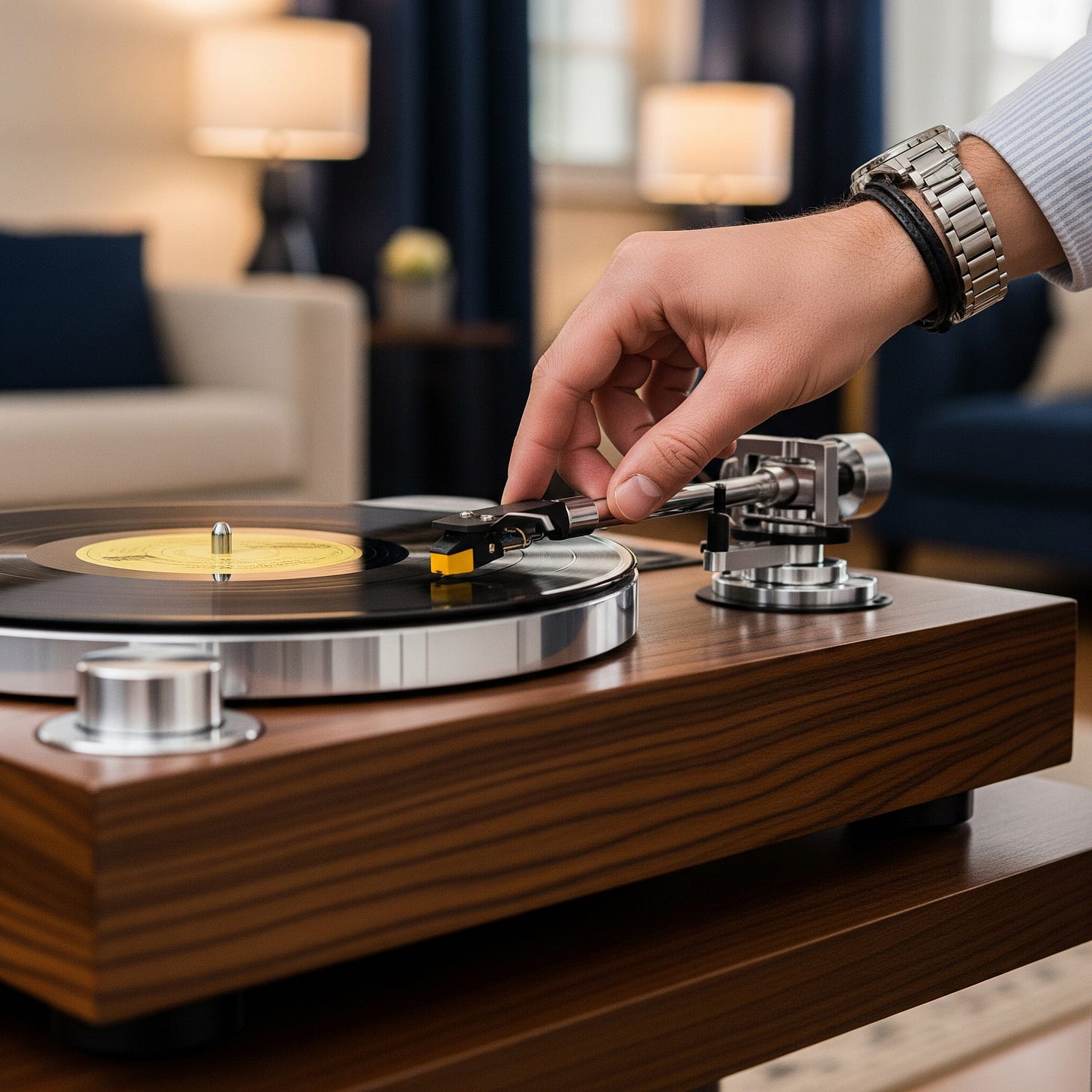 an AI image of a hand placing a phonograph needle on a record.