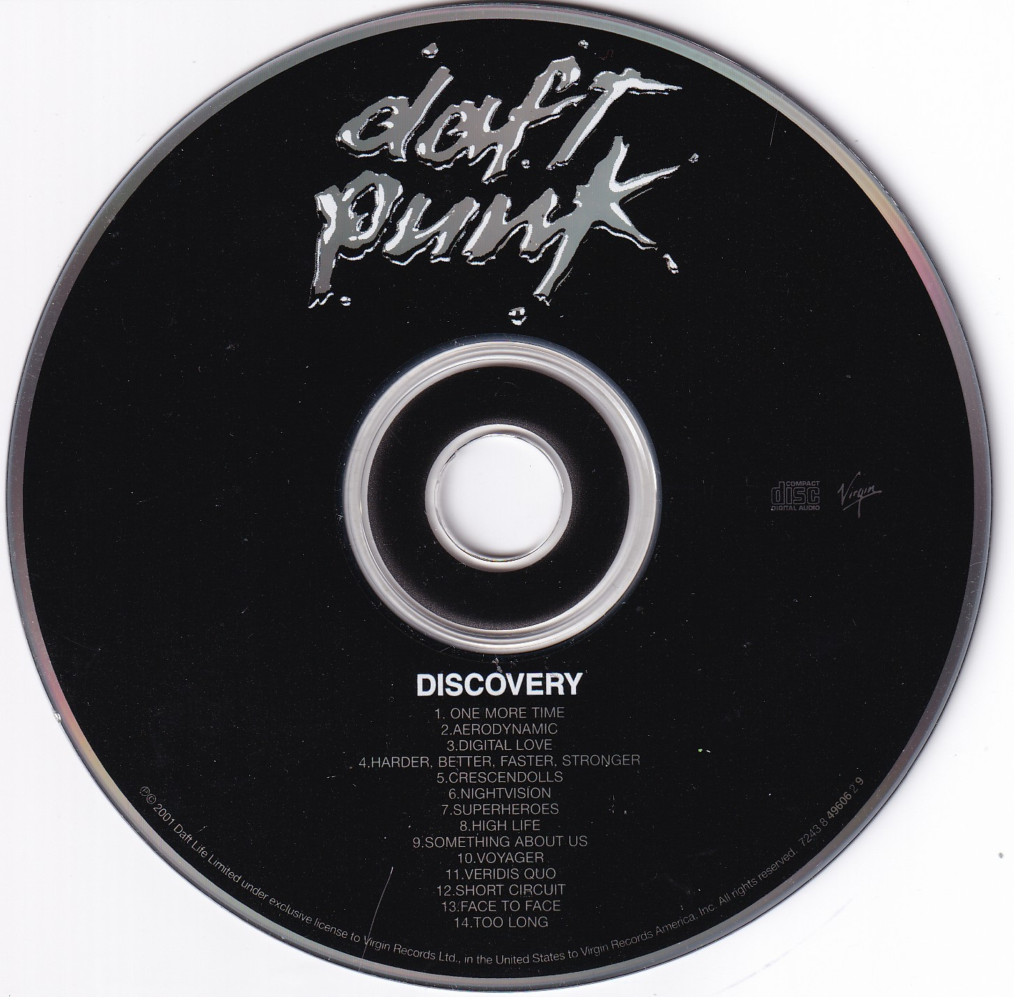 a black CD for Daft Punk's Discovery, featuring their name in liquid metal and the tracklist. a black CD for Daft Punk's Discovery, featuring their name in liquid metal and the tracklist.