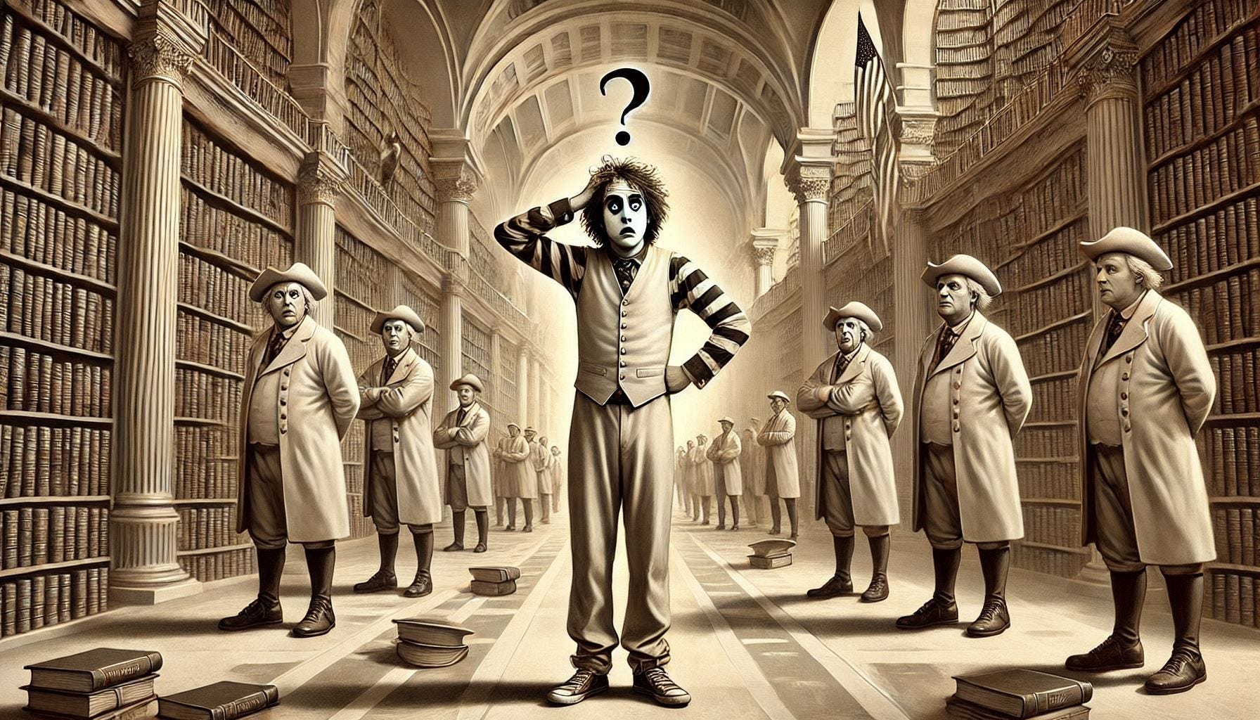 An idiot stands in a library looking confused with gatekeepers all around him.
