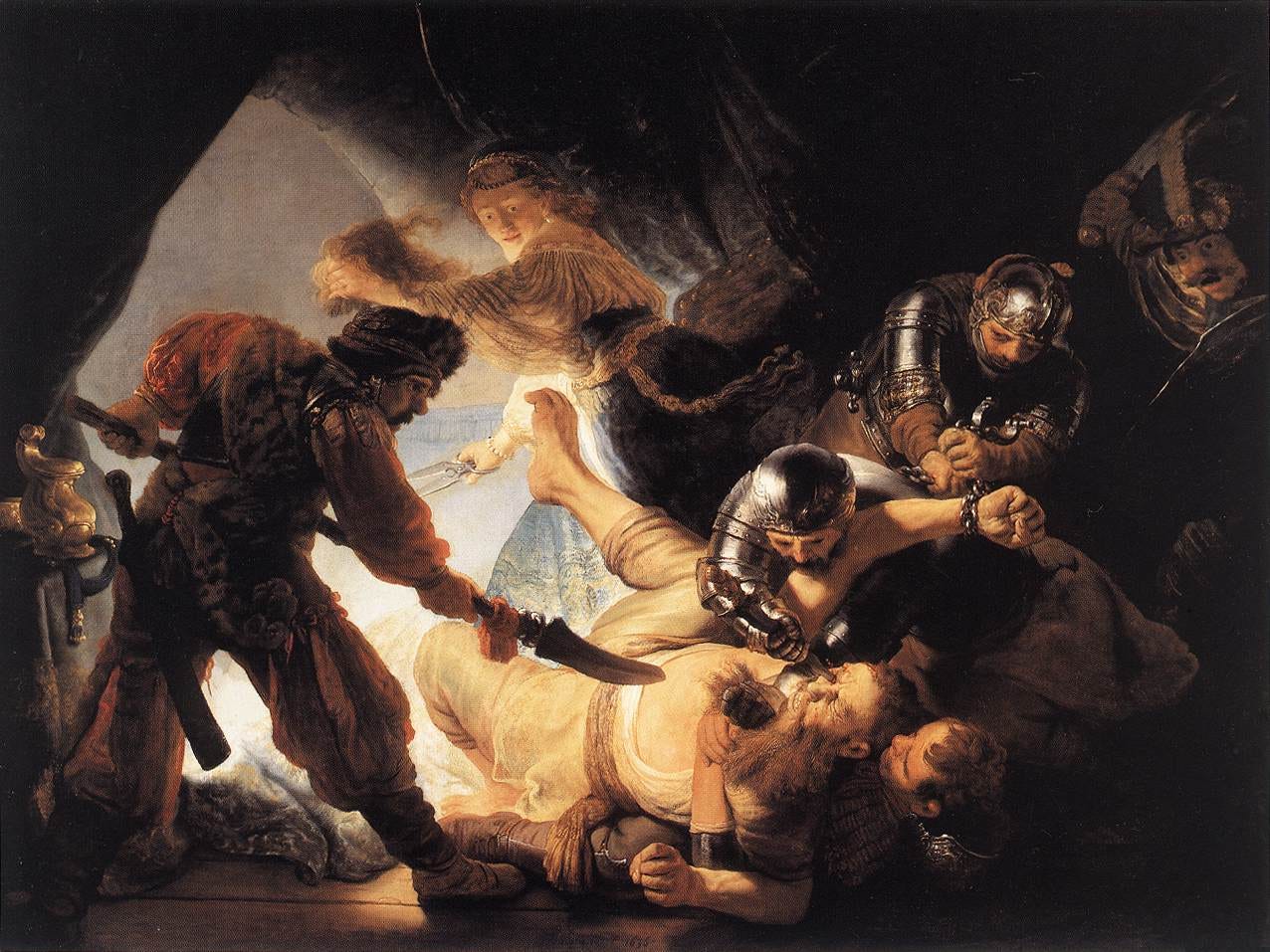 In a dark cave, soldiers pin Samson to the ground and one drives a dagger into his eye, while at the left Delilah slips away into the daylight with scissors and a lock of his hair.