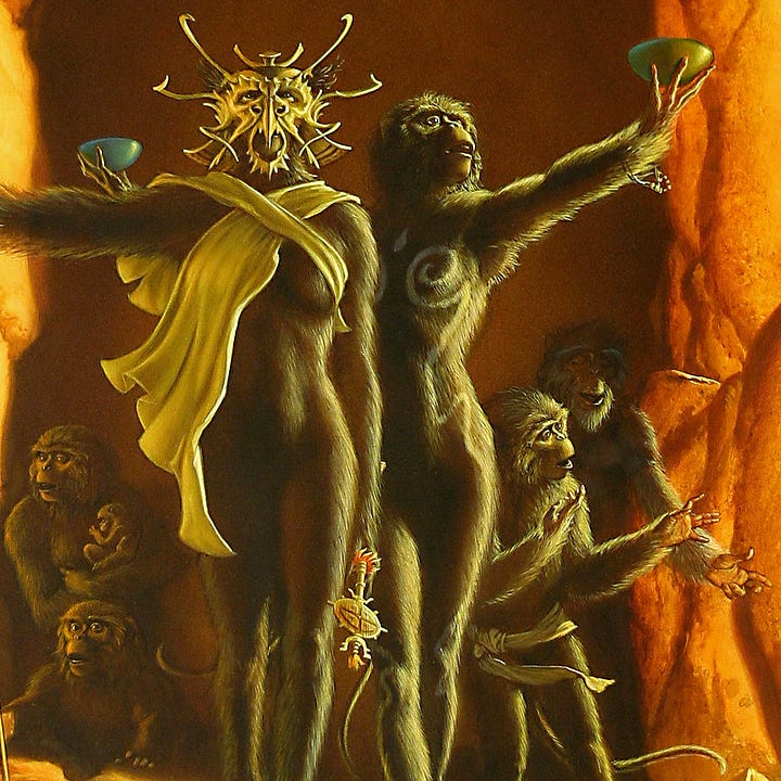 LEFT: Detail from AT WINTER'S END featuring a tribe of ape-like people emerging from the darkness of a cave. Standing tall at their forefront is a female wearing an ornate mask and holding a spear. Filaments flare wildly off the side of the mask. A beak extends over the mouth opening that frames her ape-like mouth, and the back flares like a samurai helm. RIGHT: Close detail from AT WINTER'S END featuring a masked figure covered in dark fur. White fabric crosses in an X over her chest with one end flaring loosely over her side. Low at her side she holds a ceremonial rod. Next to her is another figure with arms held out with a bowl in each hand. White patterns mark her fur, tracing the line of her hip, dipping in at the abdomen, and ending in a spiral over her furred breast. Other ape-like figures huddle behind staring out from the cave entrance.