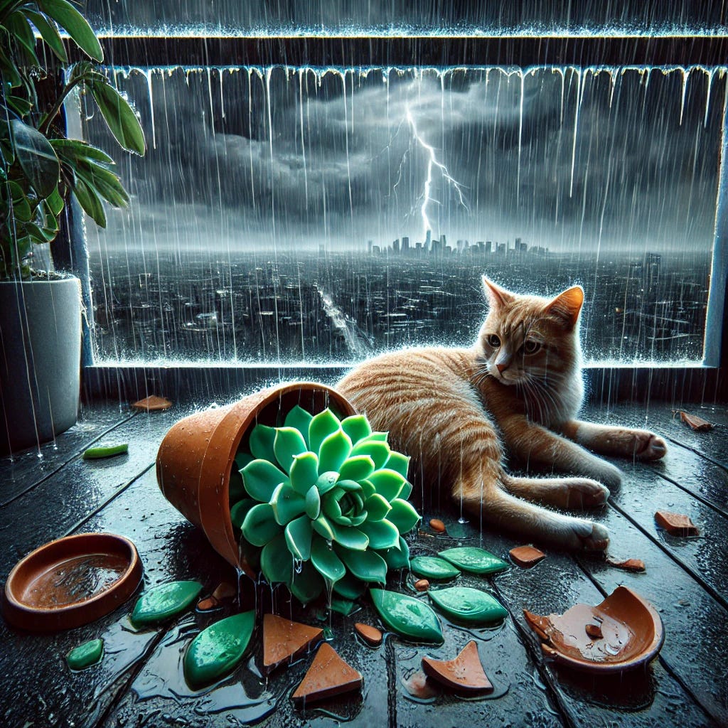 A small succulent with plump, green leaves lies on the ground, its clay pot shattered beside it. The scene is set on the edge of a 10th-floor balcony under a dark thunderstorm, with heavy rain pouring down and lightning flashing in the sky. The cat is no longer visible, and the mood is somber as the succulent and broken pot are drenched by the rain. The background includes a cityscape barely visible through the storm. The image keeps a four-color palette, emphasizing the moody and dramatic atmosphere.