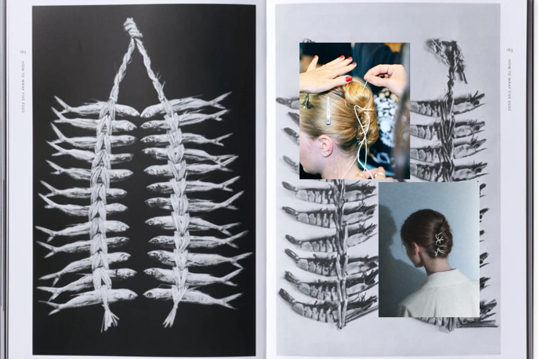 Left, a page from How to Wrap Five Eggs showing small fish bundled in straw. Right, models’ hair wrapped and tied at Kallmeyer Spring 2027