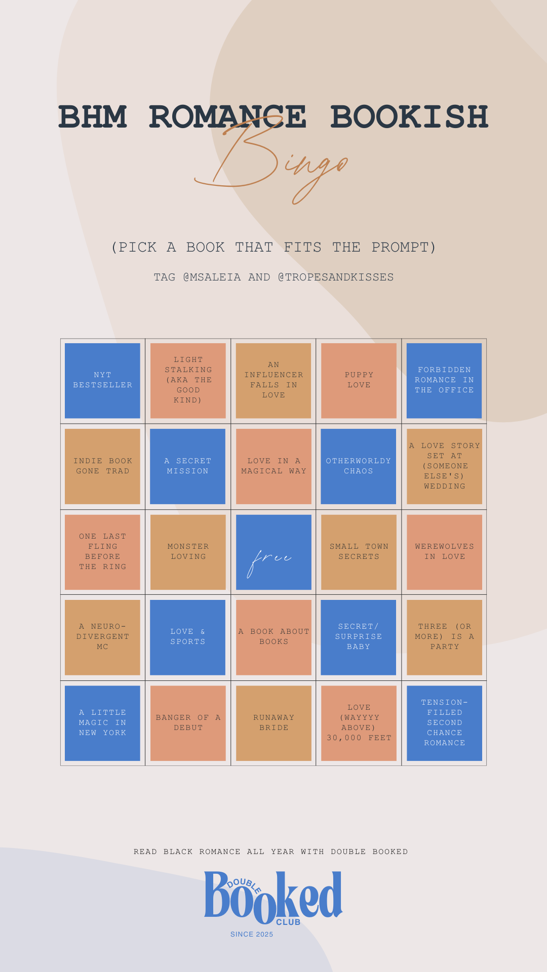 "BHM Romance Bookish Bingo card featuring a 5x5 grid of romance tropes in alternating blue and coral squares. The grid includes prompts like 'NYT Bestseller,' 'Light Stalking (aka the good kind),' 'An Influencer Falls in Love,' 'Puppy Love,' 'Forbidden Romance in the Office,' 'Indie Book Gone Trad,' 'A Secret Mission,' 'Love in a Magical Way,' 'Otherworldly Chaos,' 'A Love Story Set at (Someone Else's) Wedding,' 'One Last Fling Before the Ring,' 'Monster Loving,' 'bpcu' (free space in cursive), 'Small Town Secrets,' 'Werewolves in Love,' 'A Neuro-divergent MC,' 'Love & Sports,' 'A Book About Books,' 'Secret/Surprise Baby,' 'Three (or More) is a Party,' 'A Little Magic in New York,' 'Banger of a Debut,' 'Runaway Bride,' 'Love (wayyy above) 30,000 Feet,' and 'Tension-Filled Second Chance Romance.' Header reads 'BHM ROMANCE BOOKISH Bingo' with instructions to 'Pick a book that fits the prompt' and 'Tag @msaleia and @tropesandkisses.' Bottom text reads 'Read Black Romance All Year with Double Booked' with the Double Booked Club logo."