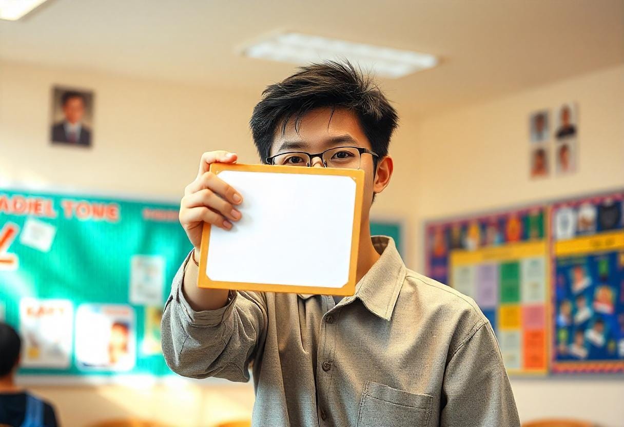 a student holding up a mini-whiteboard in class