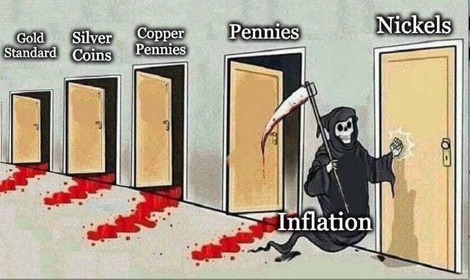 Five doors aligned horizontally labeled Gold, Silver, Copper, Pennies, and Nickels from left to right, representing standard coins. A cloaked grim reaper figure with a scythe stands at the rightmost door labeled Inflation, pushing it open. Blood pools on the floor below the door, reflecting the reaper. Five doors aligned horizontally labeled Gold, Silver, Copper, Pennies, and Nickels from left to right, representing standard coins. A cloaked grim reaper figure with a scythe stands at the rightmost door labeled Inflation, pushing it open. Blood pools on the floor below the door, reflecting the reaper.