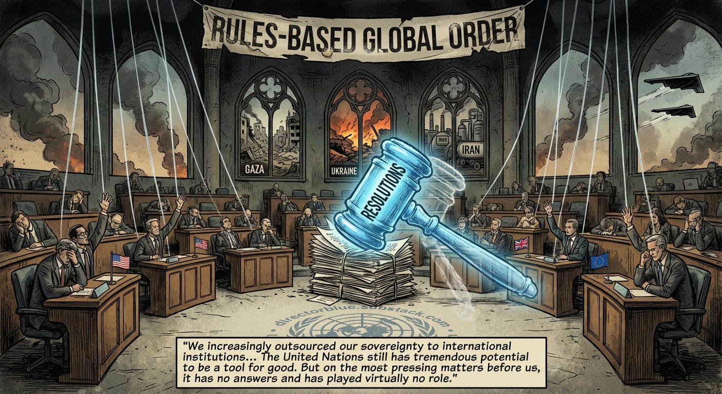  Image PromptFrank Miller graphic novel style full color satirical and darkly symbolic A grand circular chamber resembling the United Nations General Assembly  but rendered as a theatre of the absurd In the center a massive gavel labeled RES_image_1