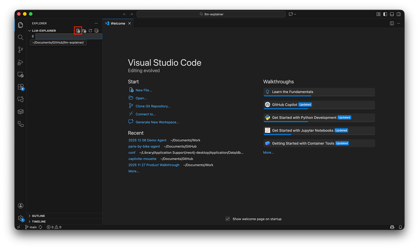 Visual Studio Code interface with a red box highlighting the "New File" icon in the file explorer sidebar.