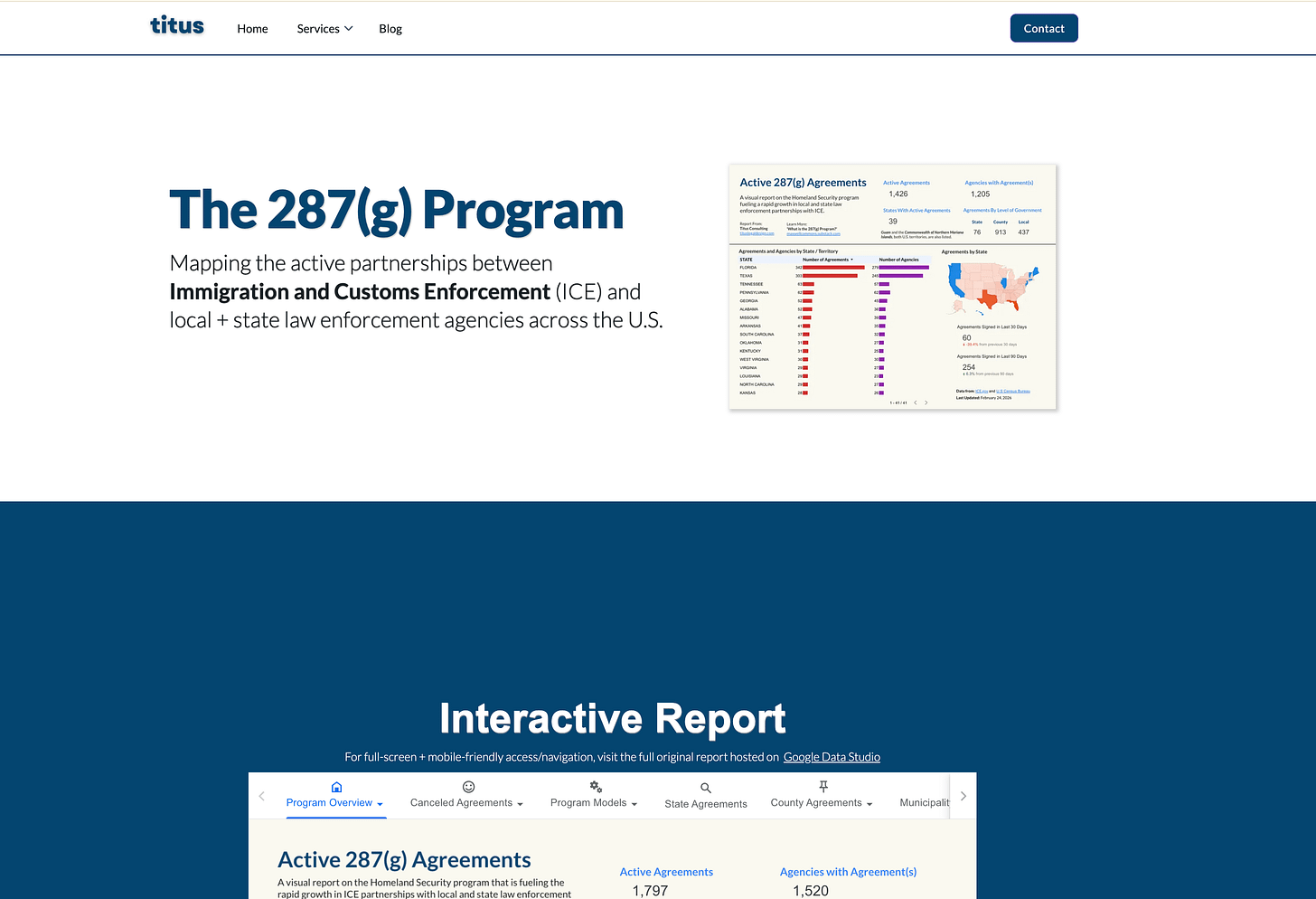 Screenshot of hero section of the 287(g) Program landing page on Titus Consulting's website (link in caption) and static image of report home page