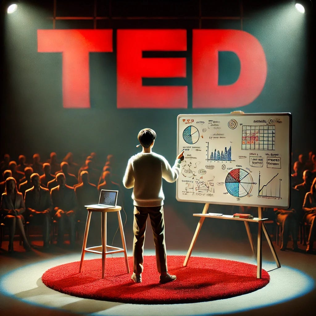 A detailed depiction of a person giving a TED Talk on stage, with a whiteboard placed prominently beside them. The speaker stands on a red circular carpet, gesturing passionately as they speak, while the whiteboard displays diagrams and notes written in marker. Behind the speaker, the iconic 'TED' logo is visible. The audience is dimly lit, attentively watching. The atmosphere is professional and inspiring, with spotlights illuminating the speaker and the whiteboard.