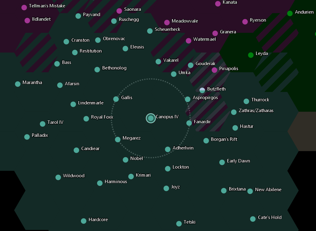 Snip from the MegaMek application suite. This shows the systems around Canopus, including frontier worlds in the Free Worlds League and Capellan Confederation.