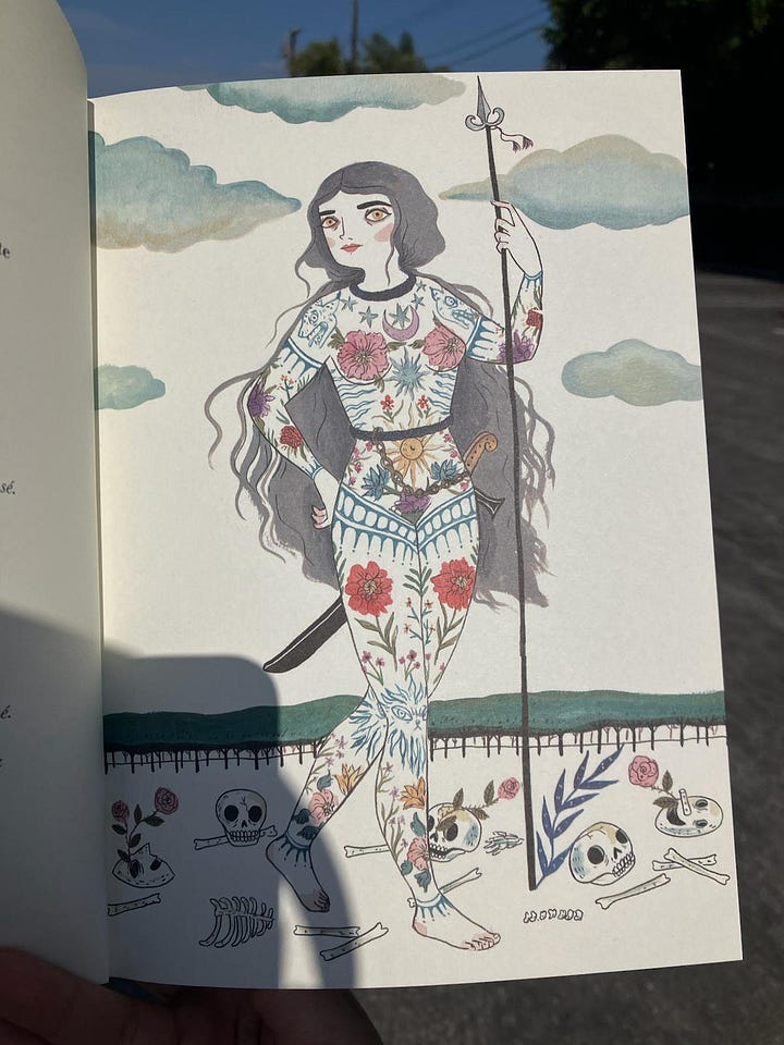 An image of a warrior and tattoos that illustrate battles in a woman’s life.