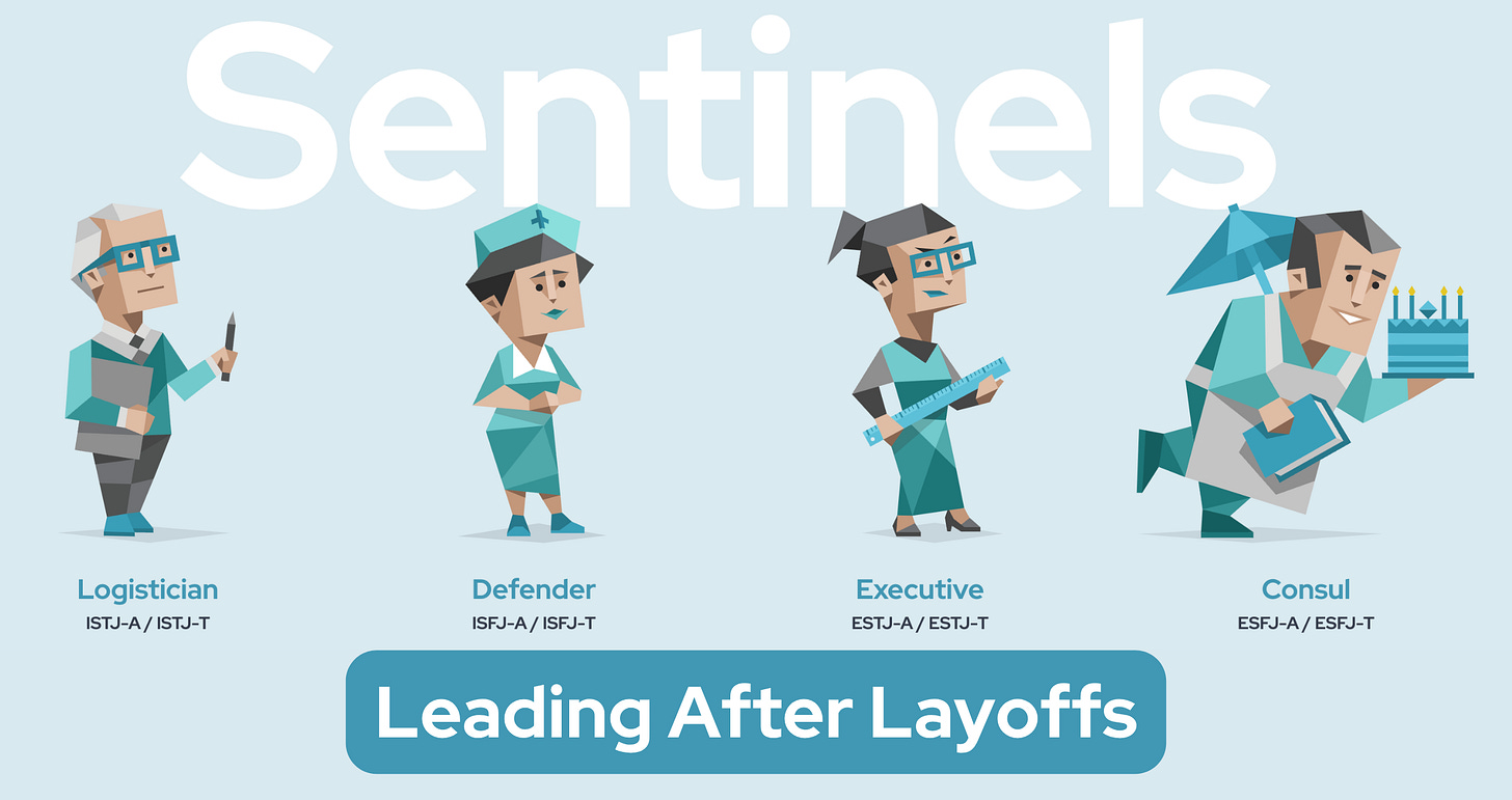 The word 'Sentinels' is prominently displayed, with four blue characters overlapping it - a Logistician, a Defender, an Executive, and a Consul. The type codes are also displayed: ISTJ-A / ISTJ-T, ISFJ-A / ISFJ-T, ESTJ-A / ESTJ-T, and ESFJ-A / ESFJ-T. Below, the words 'Leading After Layoffs' are shown.