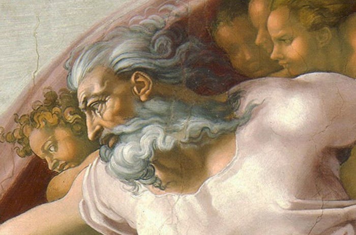 Detail of God carried in a red cloak in Michelangelo, The Creation of Adam Detail of God carried in a red cloak in Michelangelo, The Creation of Adam