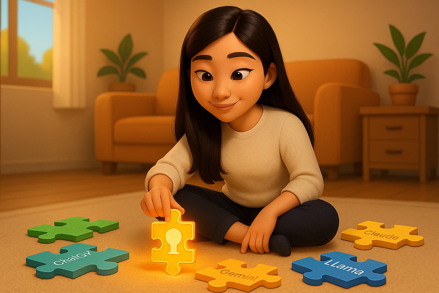 Image of figure representing Jenny writing BuildtoLaunch.ai piecing together pieces of AI puzzle