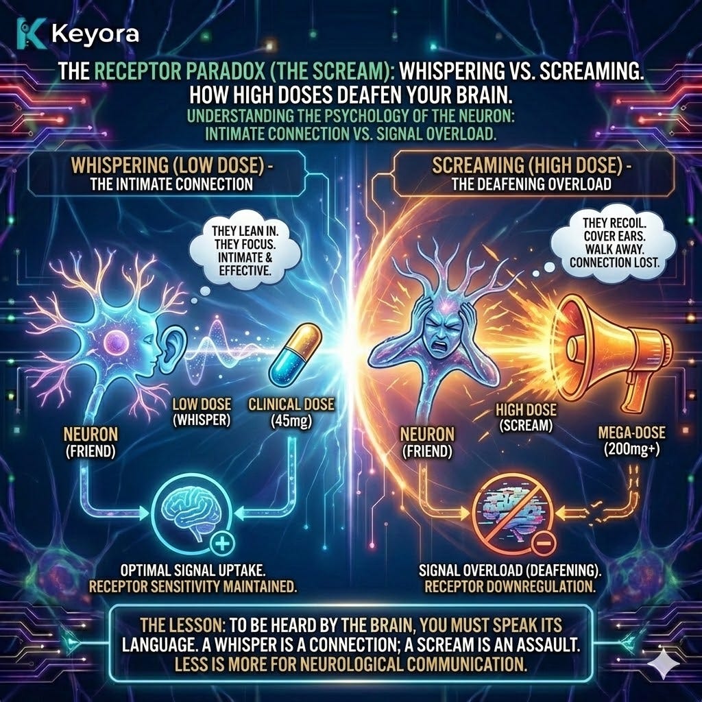 The Receptor Paradox triggers a Neuro-Endocrine Storm where megadoses cause inhibitory response, deafening receptors and breaching Neurological Sovereignty. The Receptor Paradox triggers a Neuro-Endocrine Storm where megadoses cause inhibitory response, deafening receptors and breaching Neurological Sovereignty.