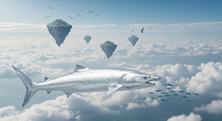 Images of a Golden Whale, Silver Shark, A Knight in a futuristic city and a Futuristic Chateau