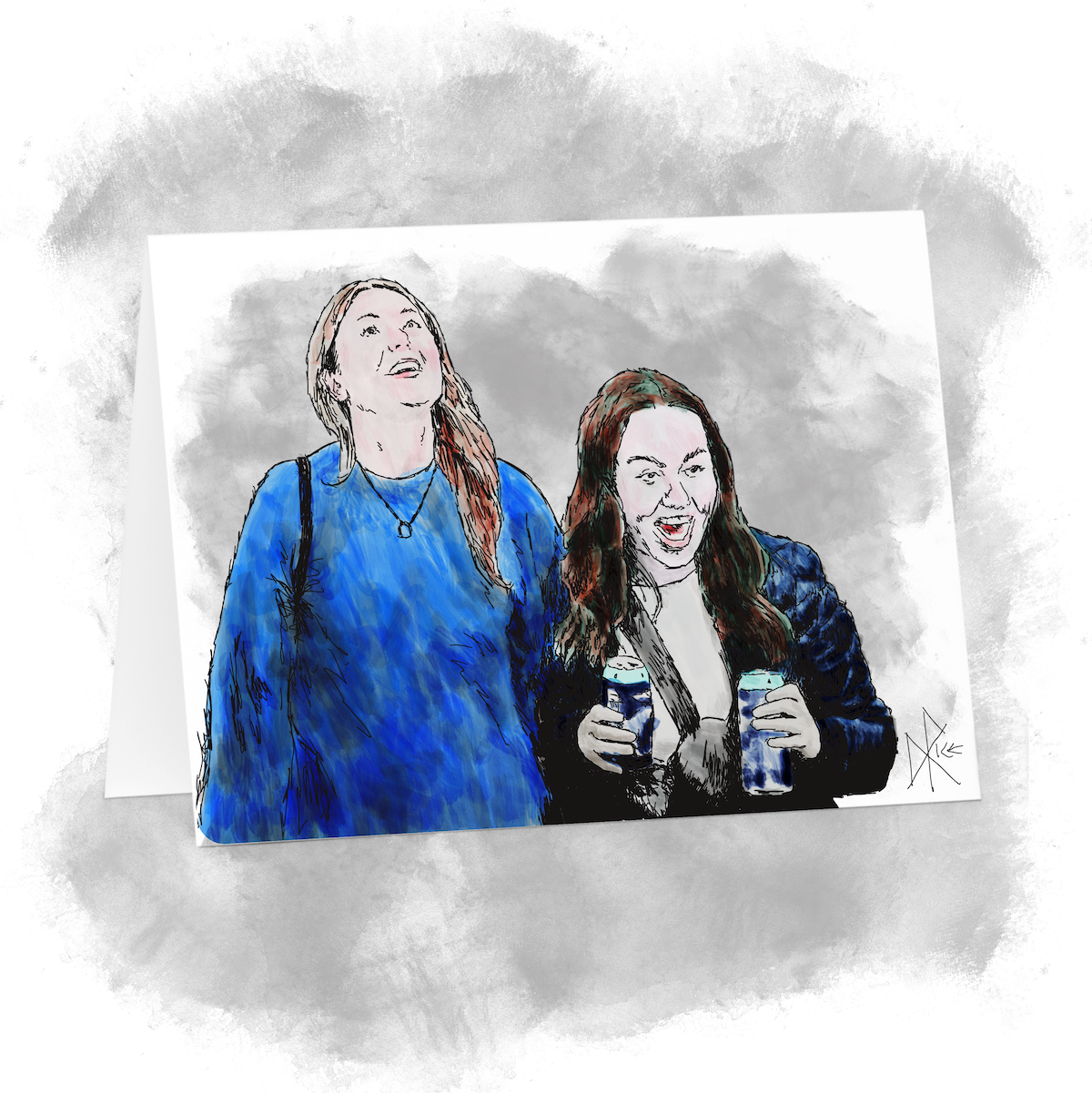 Two young women at a hockey game, loving it. Sketch art by Don Rice.
