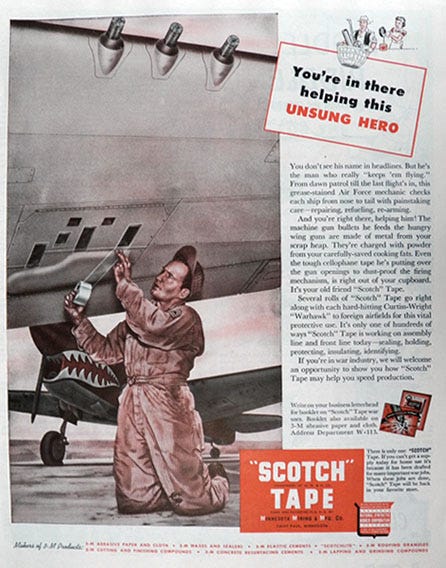 1943 WWII Scotch Tape Ad ~ Curtiss-Wright "Warhawk"