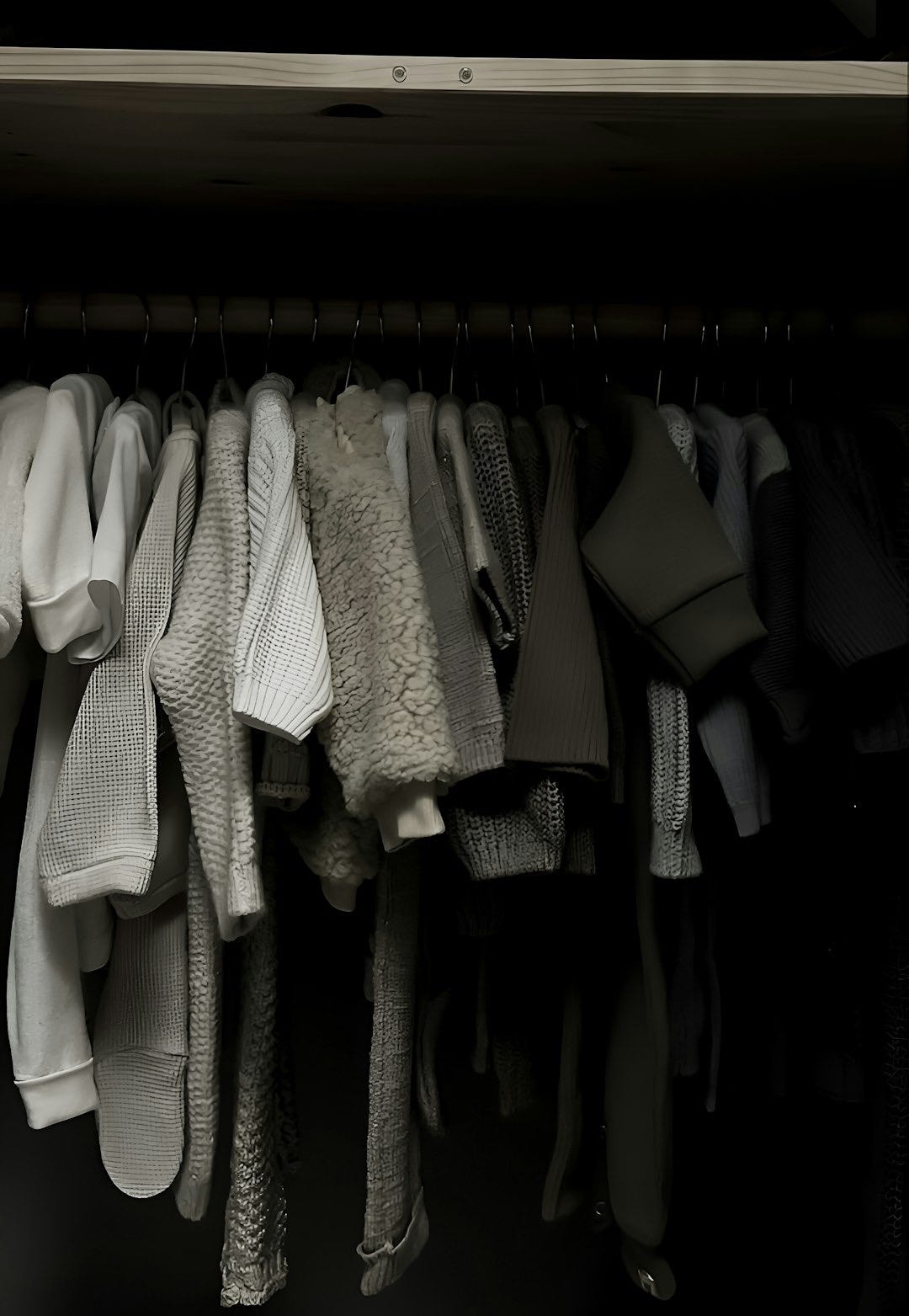 Baby clothes hanging in a dark closet